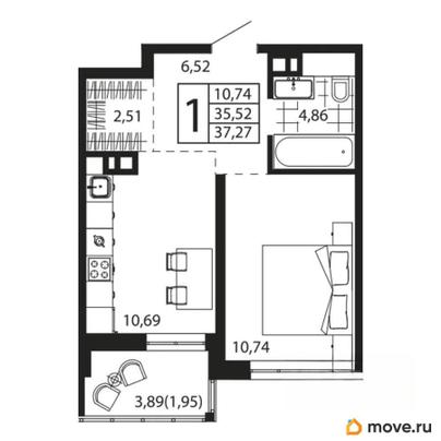 1-комн. квартира, 35.32 м&sup2;