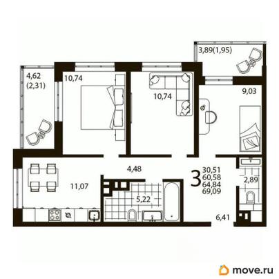 3-комн. квартира, 60.5 м&sup2;