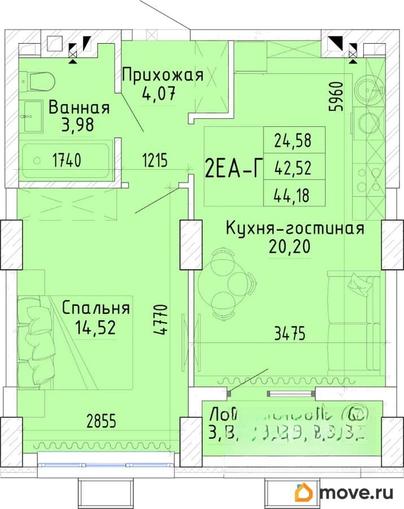 1-комн. квартира, 44.27 м&sup2;