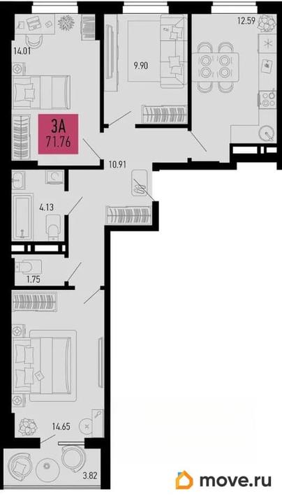 3-комн. квартира, 69.85 м&sup2;
