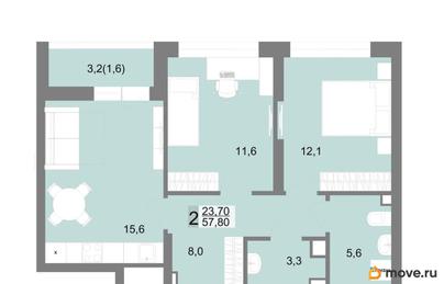 2-комн. квартира, 57.8 м&sup2;