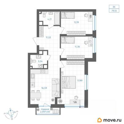 3-комн. квартира, 79.04 м&sup2;
