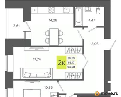 2-комн. квартира, 64.98 м&sup2;