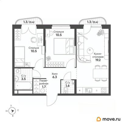 2-комн. квартира, 54.1 м&sup2;
