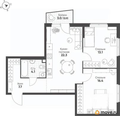2-комн. квартира, 64.5 м&sup2;