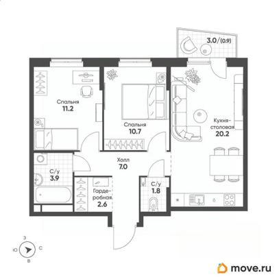 2-комн. квартира, 58.3 м&sup2;