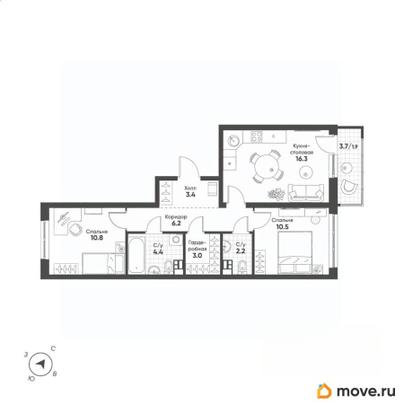 2-комн. квартира, 58.7 м&sup2;