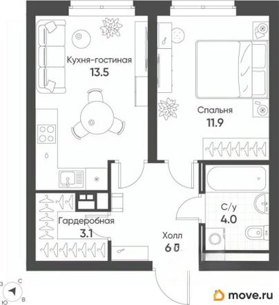 1-комн. квартира, 38.6 м&sup2;
