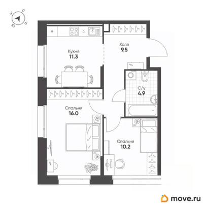 2-комн. квартира, 51.9 м&sup2;