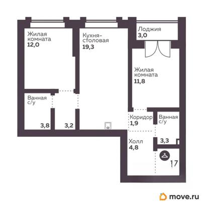 2-комн. квартира, 61.8 м&sup2;