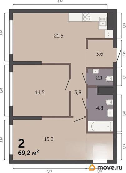2-комн. квартира, 69.5 м&sup2;