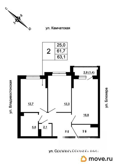 2-комн. квартира, 63.1 м&sup2;