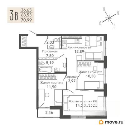 3-комн. квартира, 70.3 м&sup2;