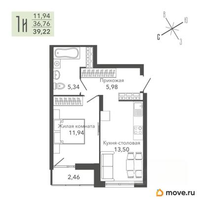 1-комн. квартира, 38.7 м&sup2;