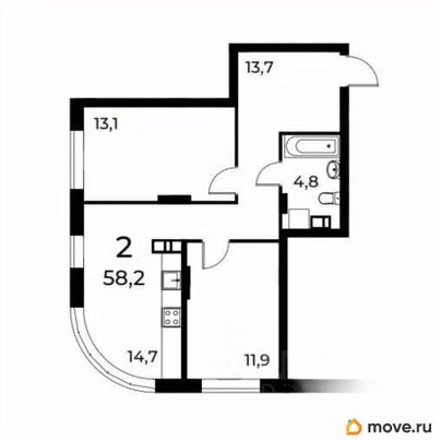 2-комн. квартира, 58.3 м&sup2;