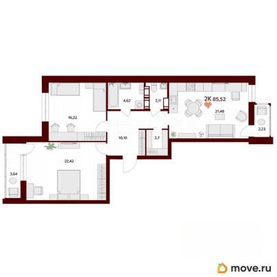 2-комн. квартира, 85.52 м&sup2;