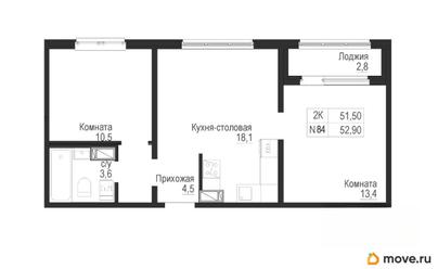 2-комн. квартира, 51.5 м&sup2;