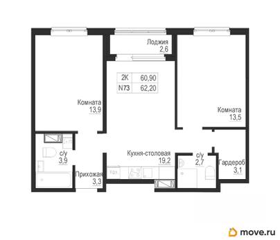 2-комн. квартира, 60.9 м&sup2;