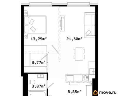 1-комн. квартира, 51.6 м&sup2;
