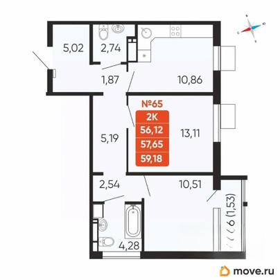 2-комн. квартира, 57.65 м&sup2;