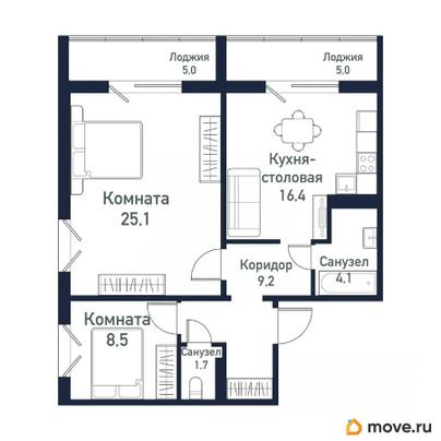2-комн. квартира, 65.2 м&sup2;