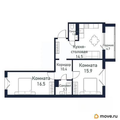 2-комн. квартира, 62.1 м&sup2;