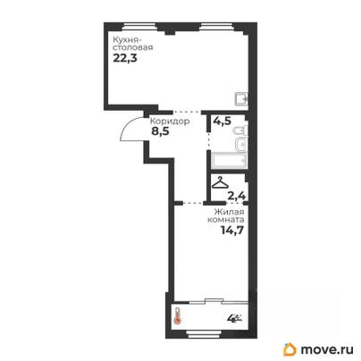 1-комн. квартира, 52.4 м&sup2;