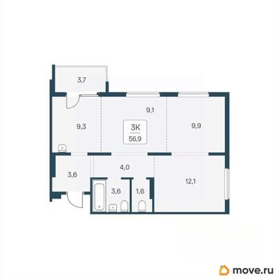 2-комн. квартира, 56.9 м&sup2;