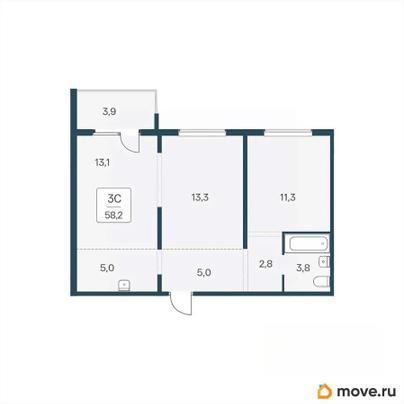 2-комн. квартира, 58.2 м&sup2;