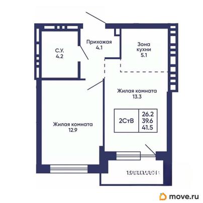 1-комн. квартира, 41.5 м&sup2;