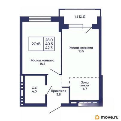 1-комн. квартира, 42.3 м&sup2;