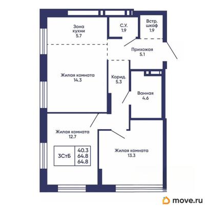 2-комн. квартира, 64.8 м&sup2;