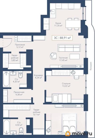 2-комн. квартира, 88.96 м&sup2;