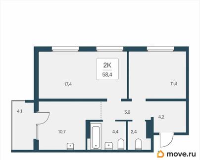 2-комн. квартира, 58.4 м&sup2;