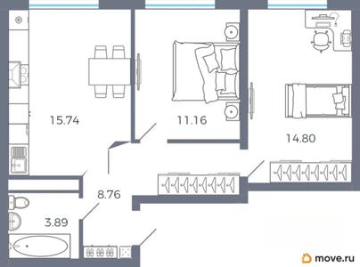 2-комн. квартира, 54.35 м&sup2;