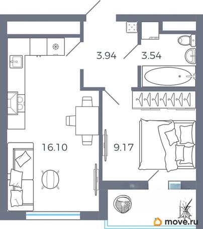 1-комн. квартира, 34.46 м&sup2;