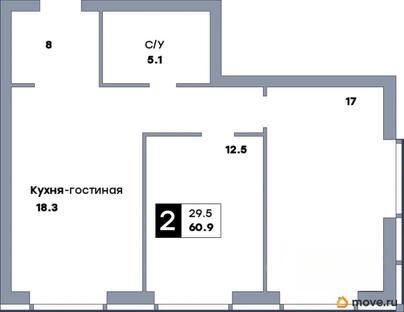 2-комн. квартира, 60.9 м&sup2;