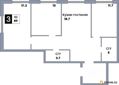 3-комн. квартира, 89 м&sup2;