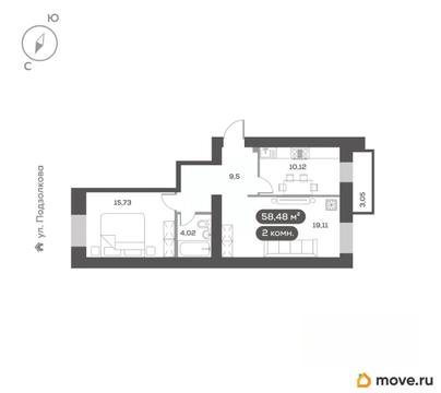 2-комн. квартира, 58.48 м&sup2;