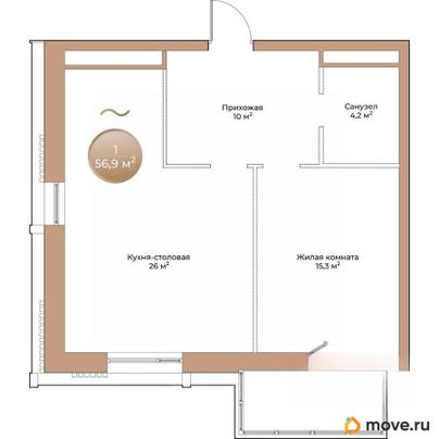 1-комн. квартира, 56.9 м&sup2;