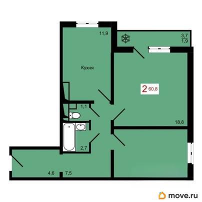 2-комн. квартира, 60.8 м&sup2;