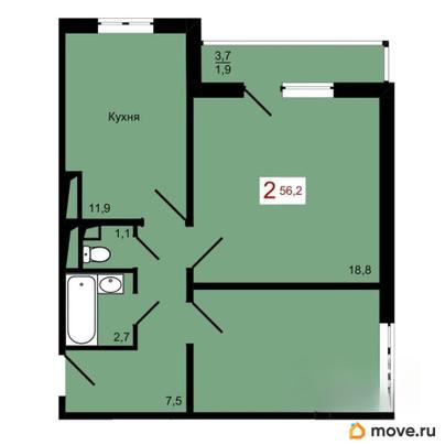 2-комн. квартира, 56.2 м&sup2;
