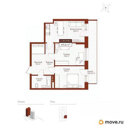 2-комн. квартира, 64.6 м&sup2;