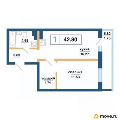 1-комн. квартира, 42.8 м&sup2;