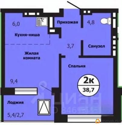 2-комн. квартира, 38.2 м&sup2;