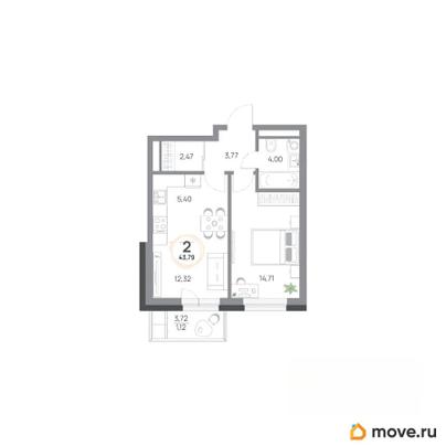 2-комн. квартира, 43.79 м&sup2;