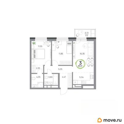 3-комн. квартира, 66.61 м&sup2;