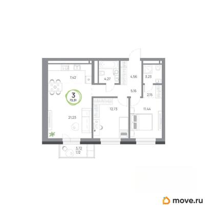 3-комн. квартира, 73.31 м&sup2;