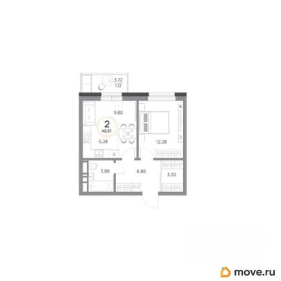 2-комн. квартира, 42.51 м&sup2;