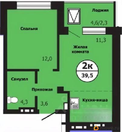 2-комн. квартира, 39.3 м&sup2;